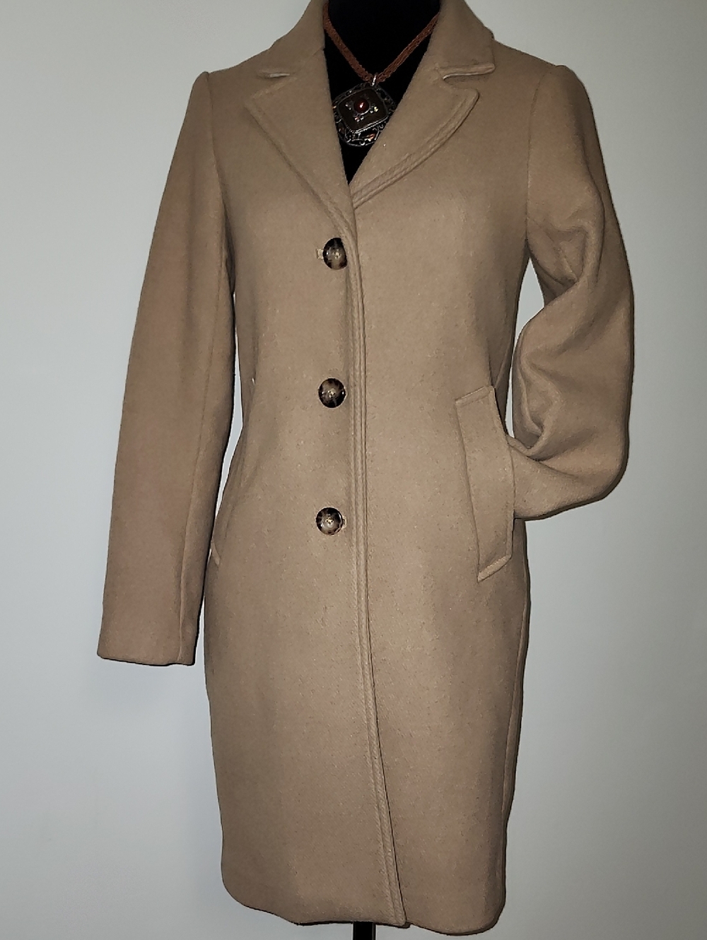 Abercrombie & Fitch Camel Wool Blend Dad Coat XS/XXS 3-Button Long Coat Lined
